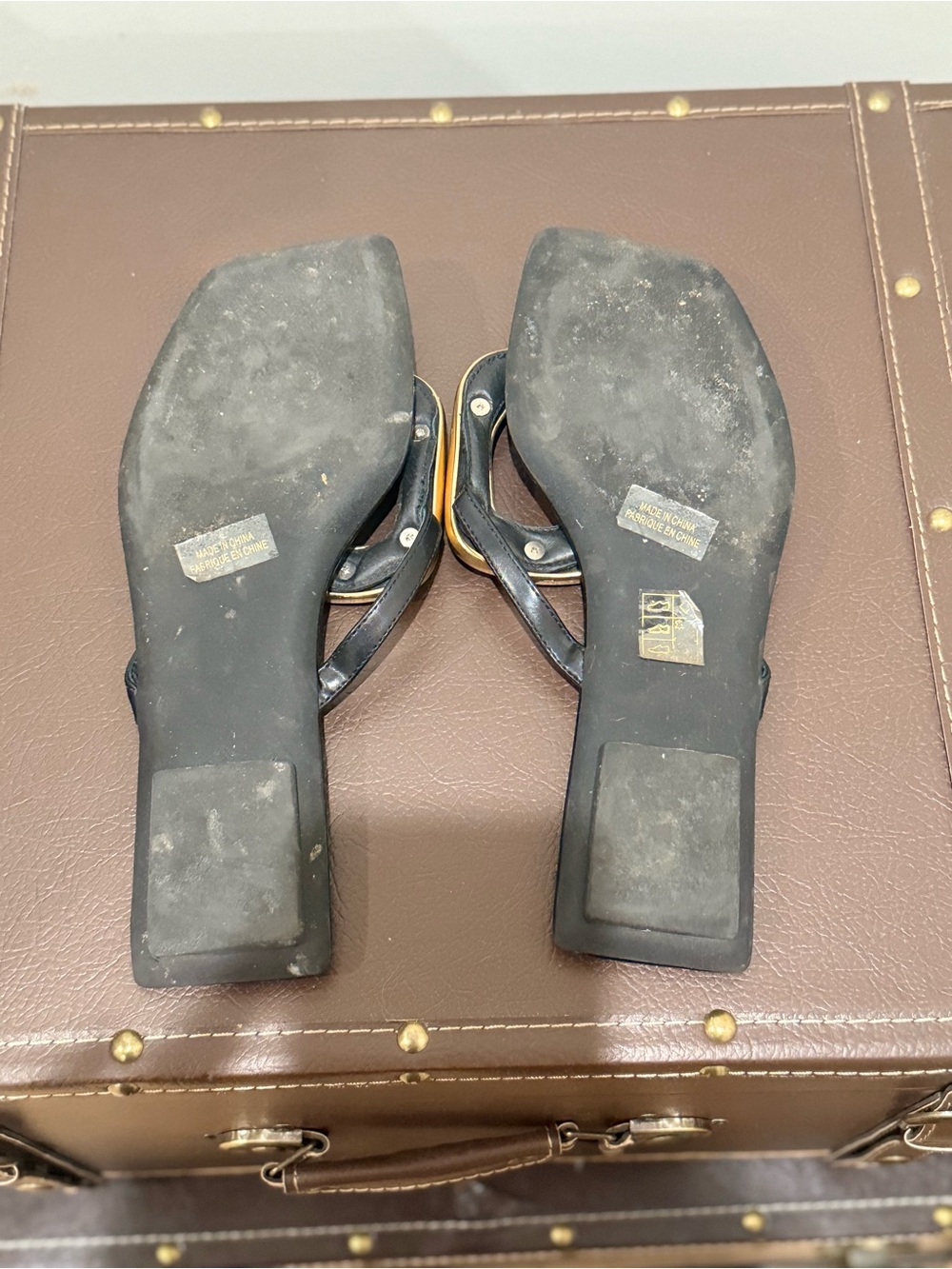 Jeffrey Campbell Black Thong Sandals with Gold Buckle Accent - Picture 3 of 3